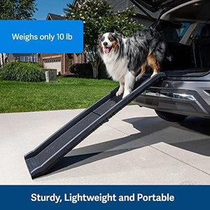 lot 4774 image: Retail $74.95 PetSafe Happy Ride Folding Dog Ramp for Cars, Trucks, & SUVs - 62 Inch Portable Pet Ramp