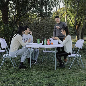 lot 4794 image: Retail $113.00 LAKHOW 122YZ 4-Foot Round Bi-Fold White Plastic Event Folding Table with Handle, 484829