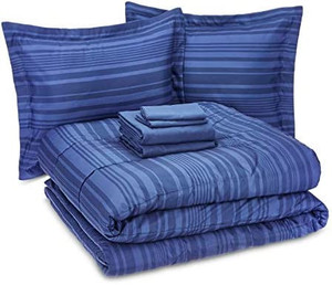 lot 5701 image: $$61 RETAIL--Amazon Basics 7-Piece Lightweight Microfiber Bed-In-A-Bag Comforter Bedding Set - FullQueen, Royal Blue Calvin Stripe