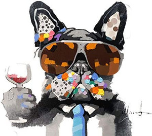 lot 5711 image: Bignut Wall Art 100% Hand Painted Cool Bulldog Holding Wine Glass Modern Funny Animal Dog Oil Painting Canvas Framed Decor For Home and Office Space 24x24inch