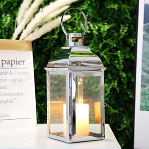 lot 5713 image: JHY DESIGN Silver Decorative Lanterns 12.5High Stainless Steel Candle Lanterns with Tempered Glass for Indoor Outdoor Events Parities and Weddings Vintage Style Hanging Lamps