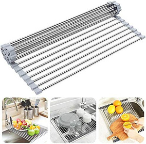 lot 5718 image: Over The Sink Dish Drying Rack, Searik Roll up Sink Dish Drainer Rack Multipurpose Foldable Kitchen Stainless Steel Dish Rack Sink Drying Rack (17.7�� x 11.8��)