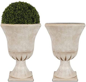 lot 5738 image: $$105 Worth Garden Plastic Urn Planters for Outdoor Plants, Tree 22 Tall 2 Pack Round Classic Resin Flower Pots Indoor Beige Traditional Front Porch 15 in Dia. Large Imitation Stone Decorative Patio Deck