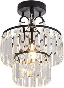 lot 5760 image: YYJLX Small Crystal Raindrop Mini Chandeliers Semi Flush Mount Ceiling Light Fixture Small Ceiling Lamp for Hallway Bar Kitchen Dining Room Living Room