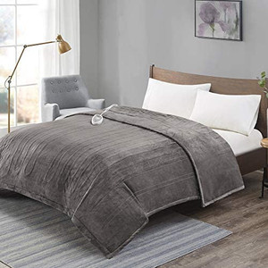 lot 5763 image: $$80 RETAIL--Degrees Of Comfort Advanced Micro Plush Electric Blanket Twin XL Size W Auto Shut Off  Heated Blankets for Bed  Single Controller  Machine Washable  UL Certified - Grey, 64x86