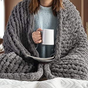 lot 5775 image: $$84 RETAIL--Chunky Knit Blanket Throw - 50x60 3.7 lbs. - Soft Chenille Yarn Knitted Blanket -Machine Washable Crochet Blanket - Handmade Cable Knit Throw Blanket for Couch, Bed (Slate Grey)