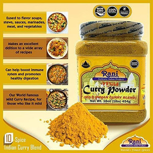 lot 5780 image: Rani Curry Powder Mild (10-Spice Authentic Indian Blend) 16oz (1lb) 454g PET Jar  All Natural  Salt-Free  NO Chili or Peppers  Vegan  No Colors  Gluten Friendly  NON-GMO  Indian Origin