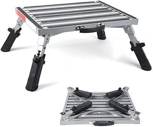 lot 5782 image: Prime 1 Safety RV Steps Extra Large Platform 19in x 14.5in Extra Size RV Folding Step Stool and Ladder, 600lbs, Height Adjustable, Aluminium with Reflective Stripe, Anti-Slip Surface and Extra Grip