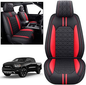 lot 5788 image: $$119 RETAIL--YIERTAI Dodge RAM Seat Covers Fit for 2009-2023 150025003500HD Pickup Front Seats Only Crew Double Cab Quad Cab Waterproof Faux Leather Seat Covers(2 PCS Front onlyBlack-Red)