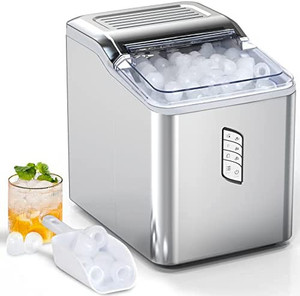 lot 6724 image: RETAIL $120 Ice Makers Countertop, Portable Ice Maker, 26lbs24Hrs 9 Bullet Ice Cubes Ready in 7 Mins, Self-Cleaning Function, L&S Size, with Ice Scoop and Basket, Perfect for Party, Silver