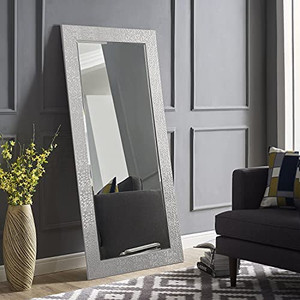 lot 6734 image: RETAIL $220 Mosaic Style Full Length Mirror Standing Hanging or Leaning Against Wall, Large Rectangle Free Standing Full Body Dressing Mirror, Wall-Mounted  Floor Mirror for Living Room - 31.5W x 65.5H, Silver