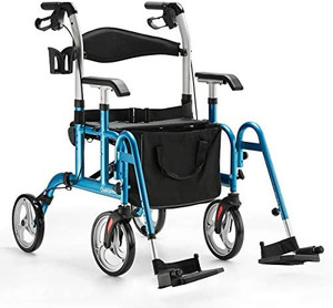 lot 6739 image: RETAIL $230OasisSpace 2 in 1 Rollator Walker with Footrest - Transport Walker Chair with 10 inch Wheels, Walker with Cup Holder for Adult