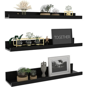lot 6763 image: RETAIL $100 24 Inch Black Floating Shelves Wall Mounted Woodgrain Picture Ledge Shelf for Storage Bedroom Bathroom Kitchen Living Room Office, Set of 3 Different Sizes
