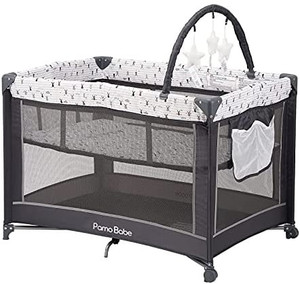 lot 6773 image: Pamo Babe Portable Playard,Sturdy Play Yard with Mattress and Toy bar with Soft Toys (Grey)��