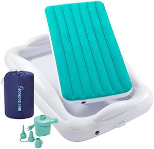 lot 6779 image: $$80 RETAIL -hiccapop Inflatable Toddler Travel Bed with Safety Bumpers 4-Sided  Portable Toddler Bed for Kids  Toddler Air Mattress  Kids Air Mattress - Teal Blue