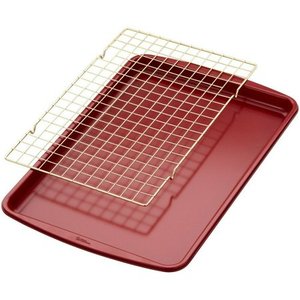 lot 106 image: Wilton Large Red Cookie Sheet with Gold Cooling Rack