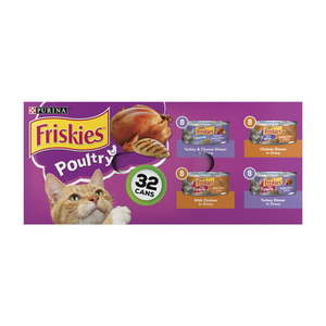 lot 118 image: (32 Pack) Friskies Gravy Wet Cat Food Variety Pack Poultry Shreds Meaty Bits & Prime Filets 5.5 oz. Cans
