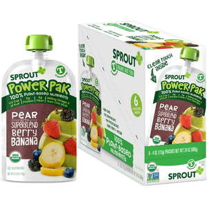 lot 174 image: Sprout Organic Baby Food Toddler Power Pak 4oz Pouches Stage 4, Pear with Superblend Blackberry Banana (pack of 6)