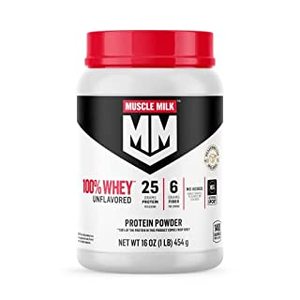 lot 182 image: Muscle Milk 100% Whey Protein Powder, Unflavored, 1 Pound, 12 Servings, 25g Protein, 6g Fiber, No Added Sweeteners, No Added Flavors, No Added Colors, NSF Certified for Sport, Packaging May Vary (B0106Z0W3S)