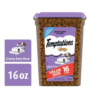 lot 215 image: TEMPTATIONS Classic Crunchy and Soft Cat Treats Creamy Dairy Flavor 16 oz. Tub