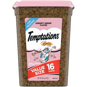 lot 216 image: TEMPTATIONS Classic Crunchy and Soft Cat Treats Shrimpy Shrimp Flavor 16 oz. Tub