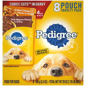 lot 219 image: PEDIGREE CHOICE CUTS IN GRAVY Adult Soft Wet Meaty Dog Food Variety Pack (8) 3.5 oz Pouches