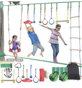 lot 267 image: Ninja Warrior Obstacle Course for Kids with 5 Play Modes,2X65FT Ninja Slackline with Swing,Ladder,Monkey Bars,Gym Rings,Rope Knots,Portable Training Equipment