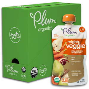 lot 354 image: Plum Organics Mighty Veggie, Organic Toddler Food, Carrot, Pear, Pomegranate & Oats, 4oz Pouch (Pack of 6)