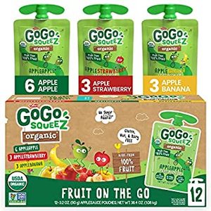 lot 355 image: GoGo squeeZ Organic Fruit on the Go Variety Pack, AppleBananaStrawberry, 3.2 oz. (12 Pouches) - Made from Organic Apples, Bananas & Strawberries - Gluten Free Snacks - Nut & Dairy Free - Vegan Snack (B07C341MRK)
