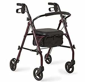 lot 637 image: Medline Rollator Walker with Seat, Steel Rolling Walker with 6-inch Wheels Supports up to 350 lbs, Medical Walker, Burgundy (B079PG3BR3)