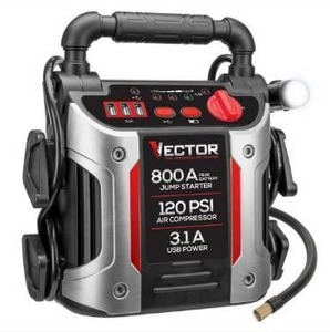 lot 1199 image: Vector 800 Peak Amp Jump Starter, 120 PSI Air Compressor, Three USB Charging Ports, Rechargeable