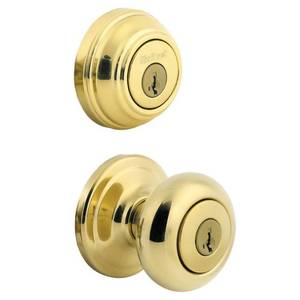 lot 2527 image: Kwikset Juno Keyed Entry Door Knob and Double Cylinder Deadbolt Combo Pack with Microban Antimicrobial Protection featuring SmartKey Security in Polished Brass