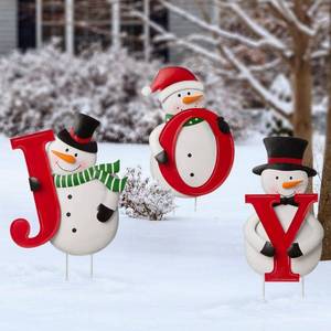 lot 2512 image: Glitzhome Metal Vertical JOY Snowman Yard Stake or Horizontal Snowmen Family Stake - 48H