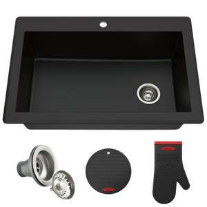 lot 58436 image: Kraus Forteza 33 Dual Mount Single Bowl Granite Kitchen Sink, Black (Retails $279)