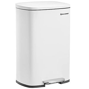 lot 59439 image: SONGMICS Stainless Steel Soft Close Step-On Pedal Trash Can, White  (13 Gallon)