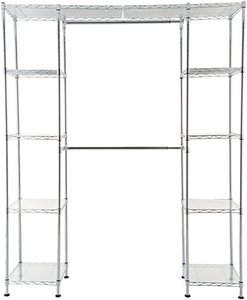 lot 59452 image: Amazon Basics Expandable Metal Hanging Storage Organizer Rack Wardrobe with Shelves, Chrome