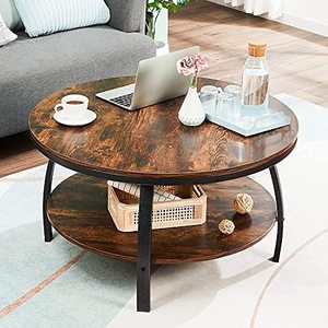 lot 59469 image: GreenForest Round 2-Tier Large Industrial Design Sofa Table with Storage Shelf, Rustic Brown  (35)