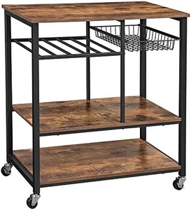 lot 61928 image: Benjara Caster Supported Wood and Metal Kitchen Cart with 3 Shelves, Brown and Black