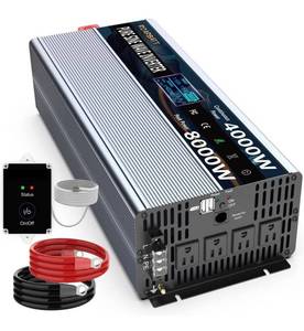 lot 41841 image: $$ Pure Sine Wave Power Inverters 4000Watt 12V DC to AC 110V 120V Peak Power 8000Watt with Remote Control 4 AC Outlets and Dual USB Port for CPAP RV Car Solar System Emergency, Retail $365