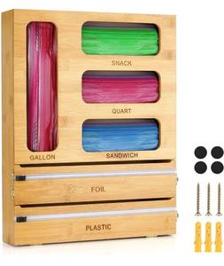 lot 41848 image: Ziplock Bag Organizer, Foil and Plastic Wrap Organizer, LMAIVE 6 In 1 Bamboo Wrap Dispenser with Cutter for Kitchen Drawer, Ziplock Bag Storage Organizer For Gallon, Sandwich, Snack(17.713.73.54)