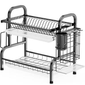 lot 41872 image: Dish Drying Rack, Stainless Steel 2-Tier Dish Rack with Utensil Holder, Cutting Board Holder and Dish Drainer for Kitchen Counter
