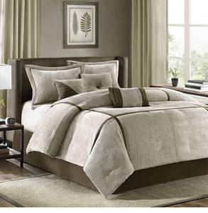 lot 41886 image: Madison Park Cozy Comforter Set Casual Blocks Design All Season, Matching Bed Skirt, Decorative Pillows, King (104 in x 92 in), Dallas Corduroy, Taupe Brown, 7 Piece