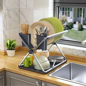 lot 58860 image: Dish Drying Rack, Collapsible Aluminium Dish Racks for Kitchen Counter with 2 Utensil Holder, Folding Rustproof 2 Tier Dish Drainer Organizers Storage with Drainboard Set, Grey