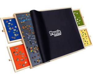 lot 58867 image: Puzzle Board with Drawers & Cover Mat - Wooden Jigsaw Puzzle Table for 1000 Pieces - 24��x30�� Portable Puzzle Table for Adults & Children - Colorful Puzzle Trays for Sorting - by Puzzle Ready