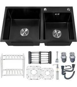 lot 69414 image: Black Double Bowl Kitchen Sink, Stainless Steel 32.3 x 17.7 Drop In Topmount Bar Sink Nice Kitchen Sink Combo-Storage Organizer, Faucet Sprayer, Drain Strainer Set for Modern Kitchen Sink