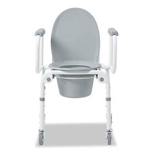 lot 69418 image: Medline Drop Arm Commode with Wheels, Swing Arm Rest for Easy Transfer, Padded Seat, Contains Chair, Pail, Lid, and Splash Guard, 250lb. Weight Capacity