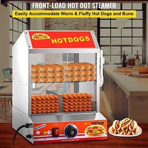lot 69426 image: VEVOR Hot Dog Steamer, 27L24.52Qt, 2-Tier Hut Steamer for 175 Hot Dogs & 40 Buns, Electric Bun Warmer Cooker with Tempered Glass Slide Doors Partition Plate Food Clip PTFE Tape, Stainless Steel