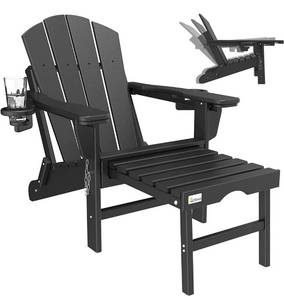 lot 69436 image: MDEAM Adjustable Backrest Adirondack Chair Folding Patio Lawn Outdoor Fire Pit Chairs Adirondack Chairs Weather Resistant with 2 Cup HolderAdirondack Retractable Ottoman(Black)