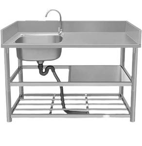 lot 69438 image: Commercial Catering Sink, 304 Stainless Steel Kitchen Sink, Free-Standing Wash Basin, with 3-Layer Storage Shelf and 360° Faucet, Used in Bars, Restaurants, Canteens (A Left Single Slot)
