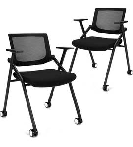 lot 73021 image: $$ 2 Pack Stackable Conference Room Chairs with Wheels and Paddle - Ergo nomic Mesh Back and Arms (Black) - Retail $225 - Parts Not Inventoried